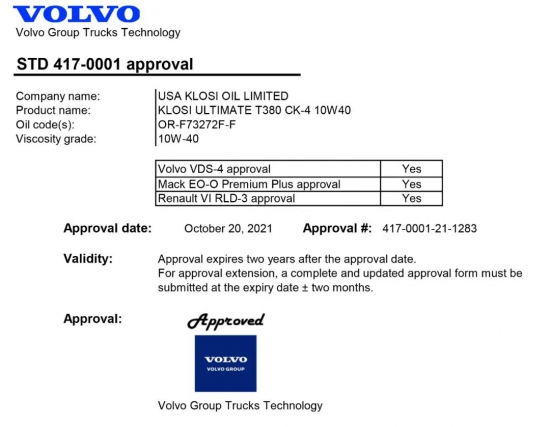 克勞斯KLOSI商用車機油獲得VOLVO沃爾沃認證